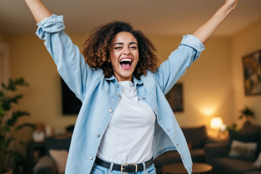 a woman celebrating with an exuberant dance in her living room after receiving a long-awaited message capturing the joy when he finally texted back