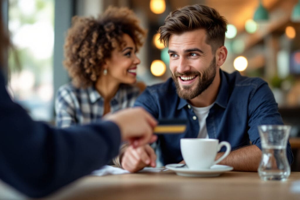 a woman confidently paying the bill with her credit card showing a modern take on who should pay on the first date