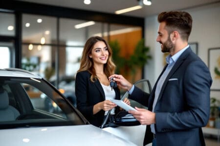 She Earns More Than Me: A Man’s Dating Guide a woman confidently taking the lead in purchasing a luxury car with her supportive partner illustrating the dynamic when she earns more than me