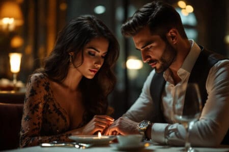 The Most Obvious Telltale Signs You’re Dating a Gold Digger a woman on a date ignoring her partner and focusing entirely on his expensive watch a clear visual for signs of a gold digger