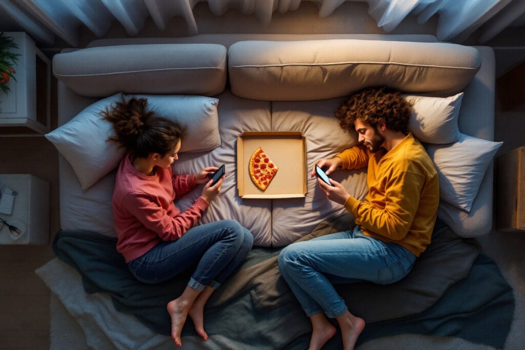 an aerial view of two individuals on a couch comfortable but disconnected illustrating what is a situationship