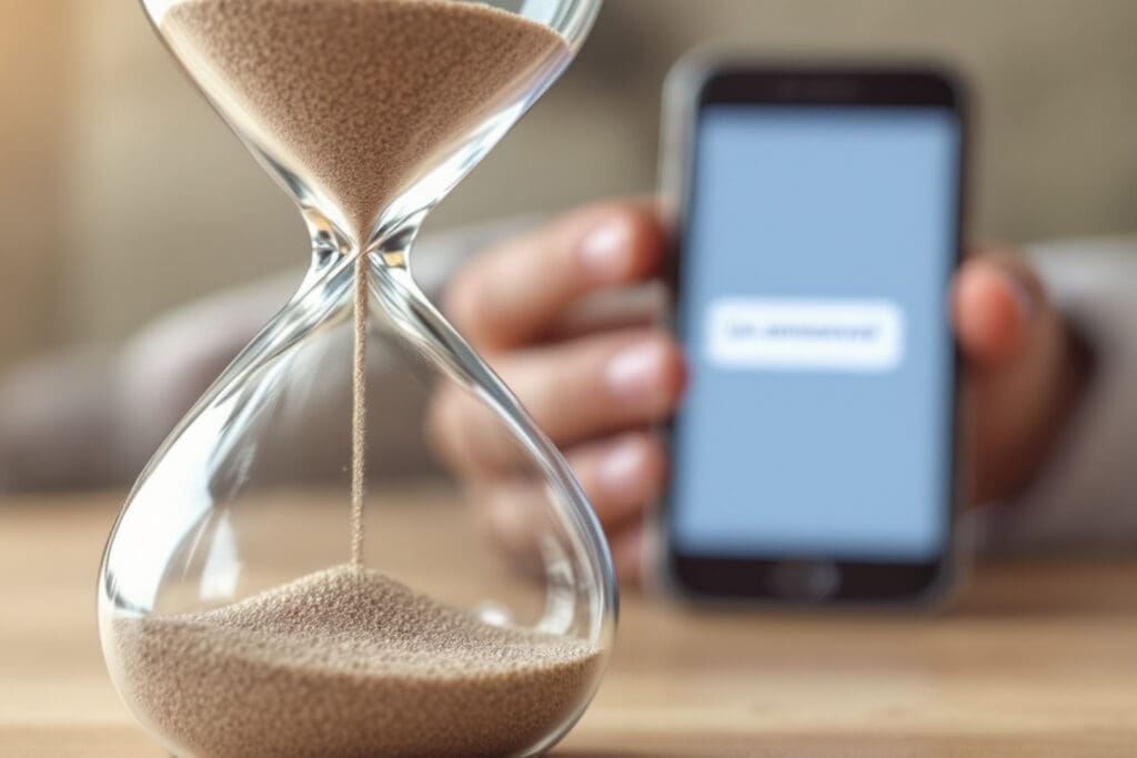 an hourglass with sand slowly trickling paired with a blurred phone displaying an unread message symbolizing a slow texter