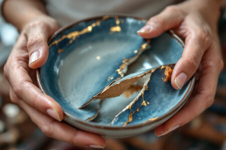 two hands carefully mending a broken bowl with gold lacquer symbolizing the deliberate effort to rebuild trust